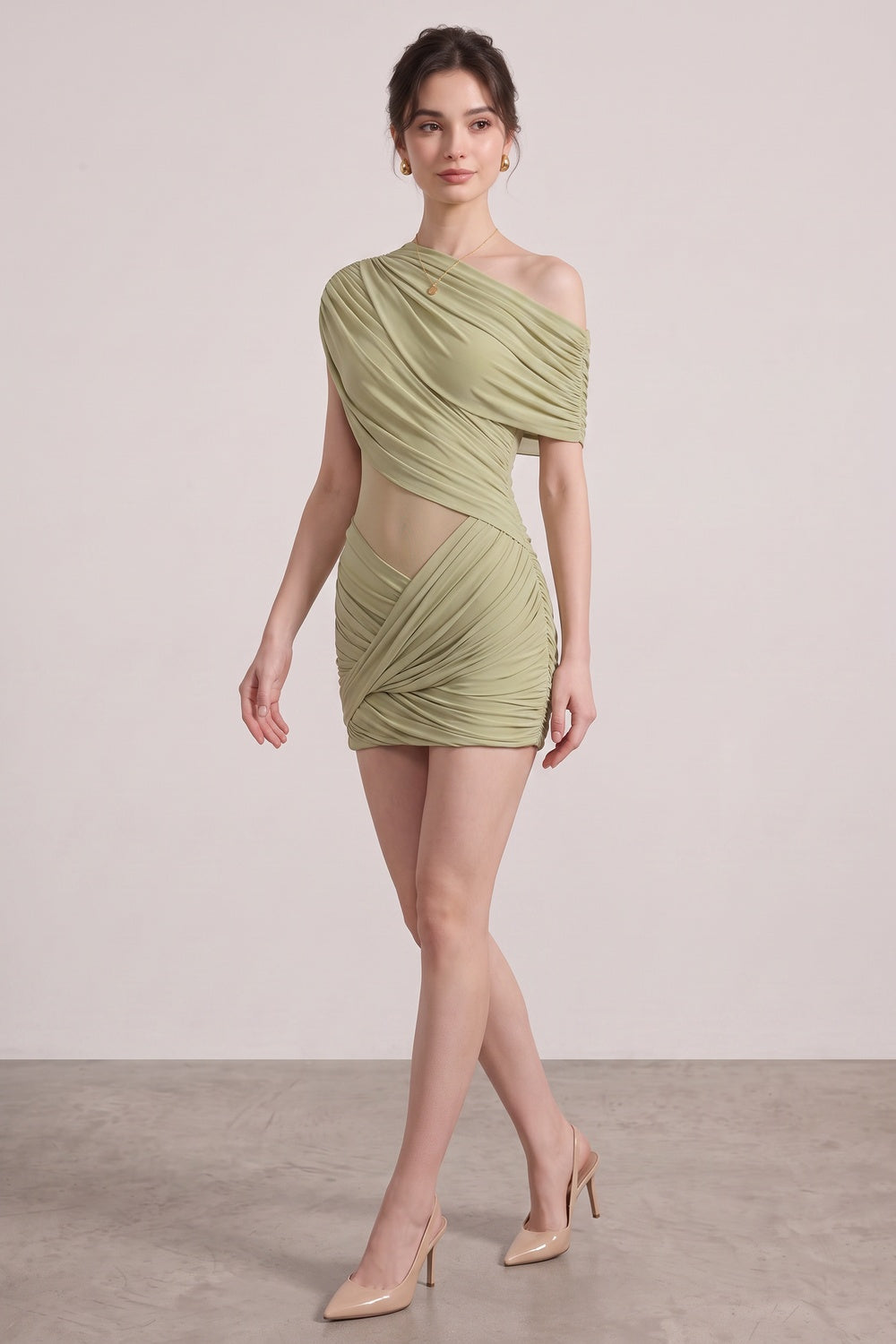 Sage Green Asymmetrical Draped Mini Dress sage green stretch jersey draped mini dress - product view 2