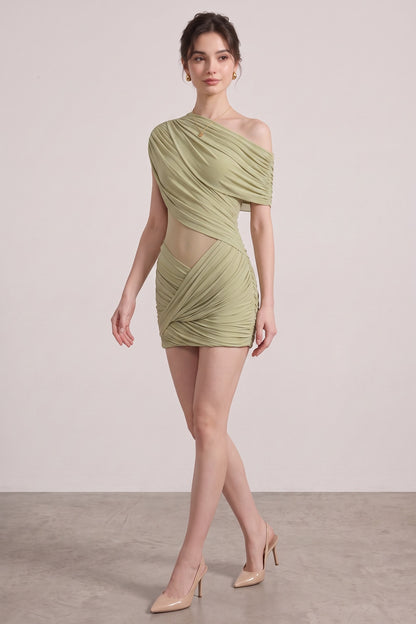 Sage Green Asymmetrical Draped Mini Dress sage green stretch jersey draped mini dress - product view 2
