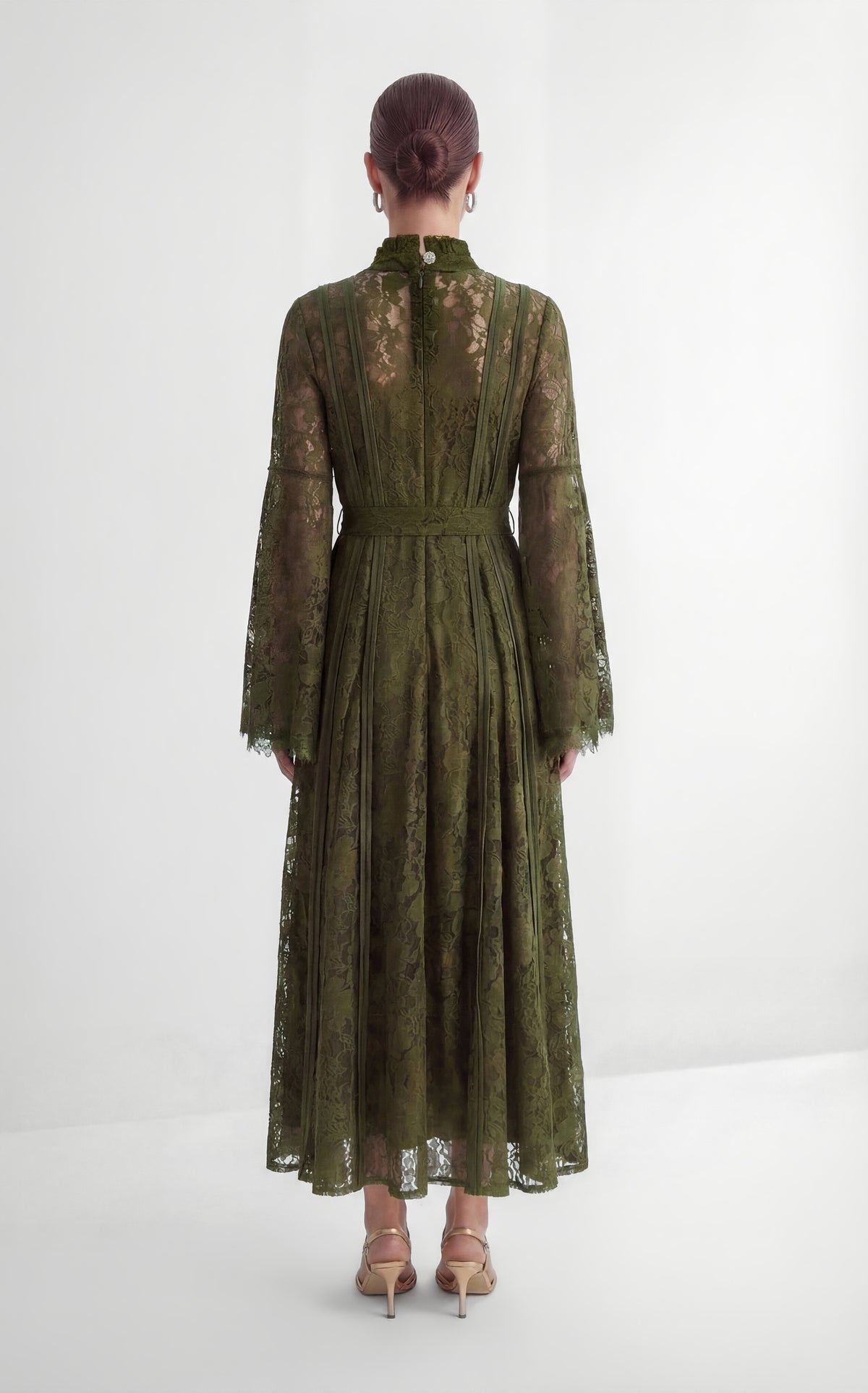 Olive Green Floral Lace High Neck Bell Sleeve Self-Tie Waist Maxi Dress