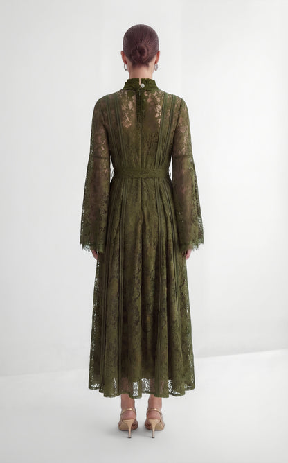 Olive Green Floral Lace High Neck Bell Sleeve Self-Tie Waist Maxi Dress