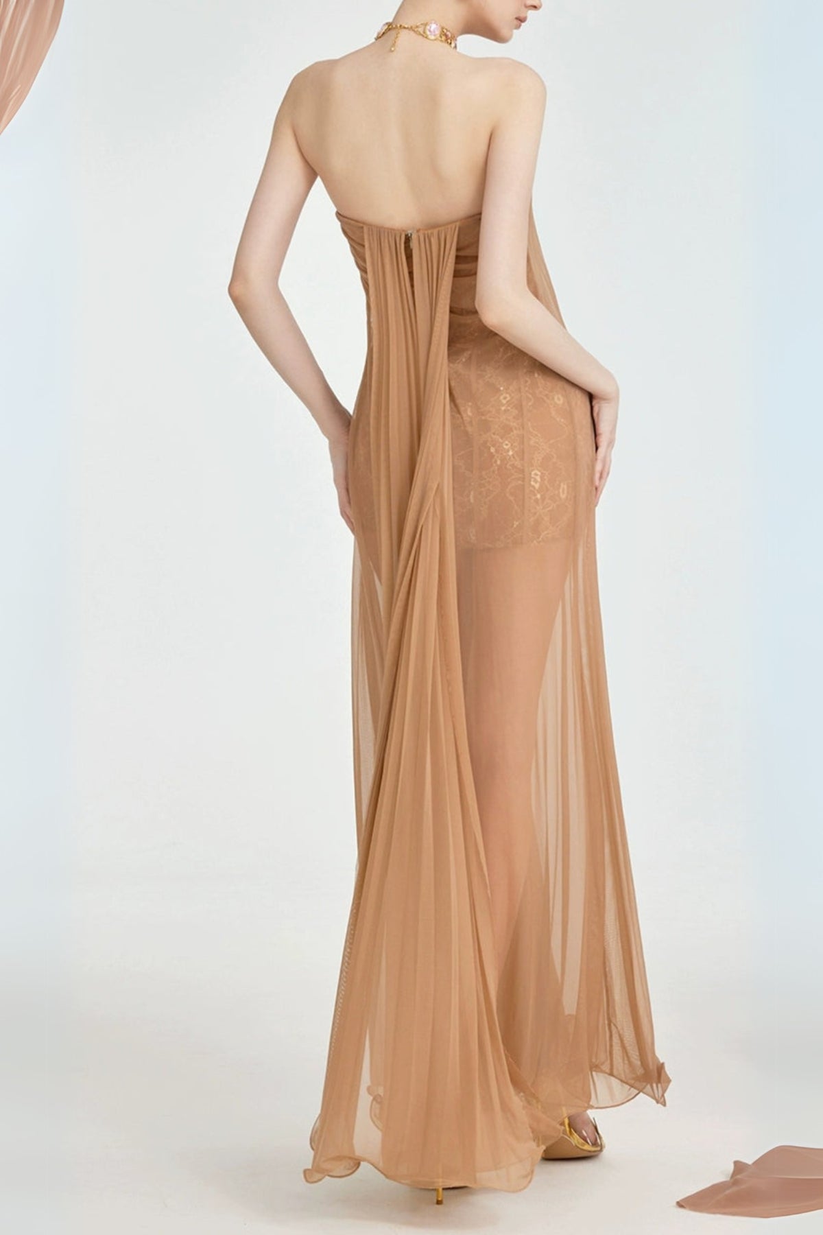 Thea Strapless Mesh Backless maxi Dress in brown