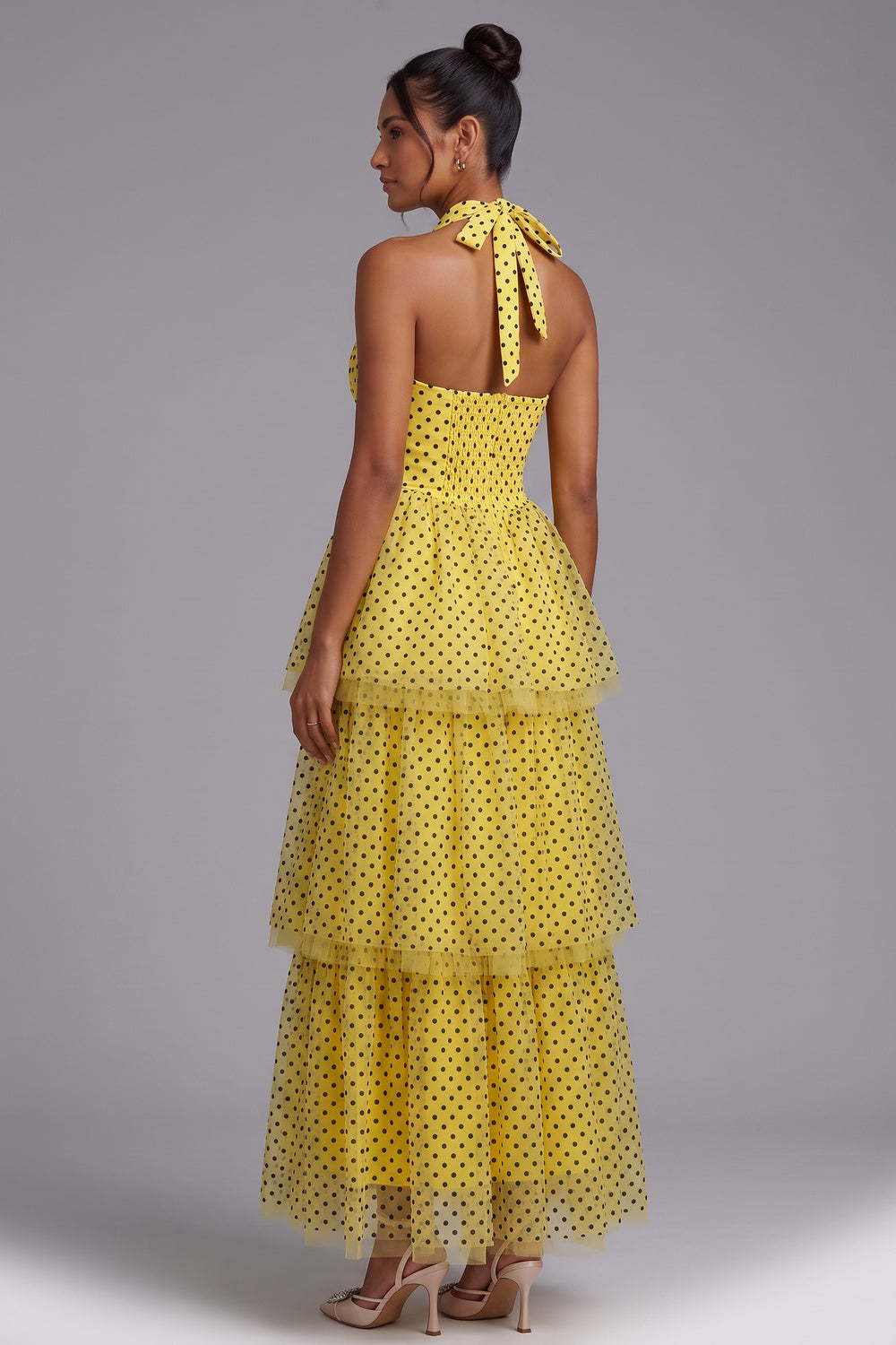 Yellow Polka Dot Tiered Halter Maxi Dress Premium Fabric - product view 2