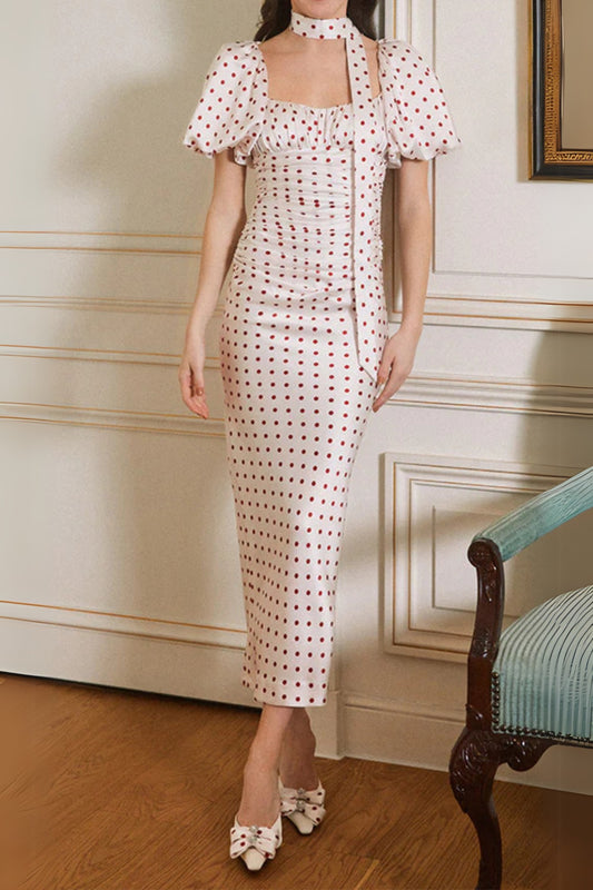 Red Polka Dot Bubble Sleeve midi Dress
