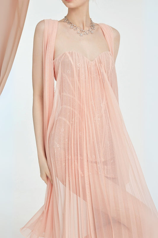 Thea Strapless Mesh Backless maxi Dress in pink
