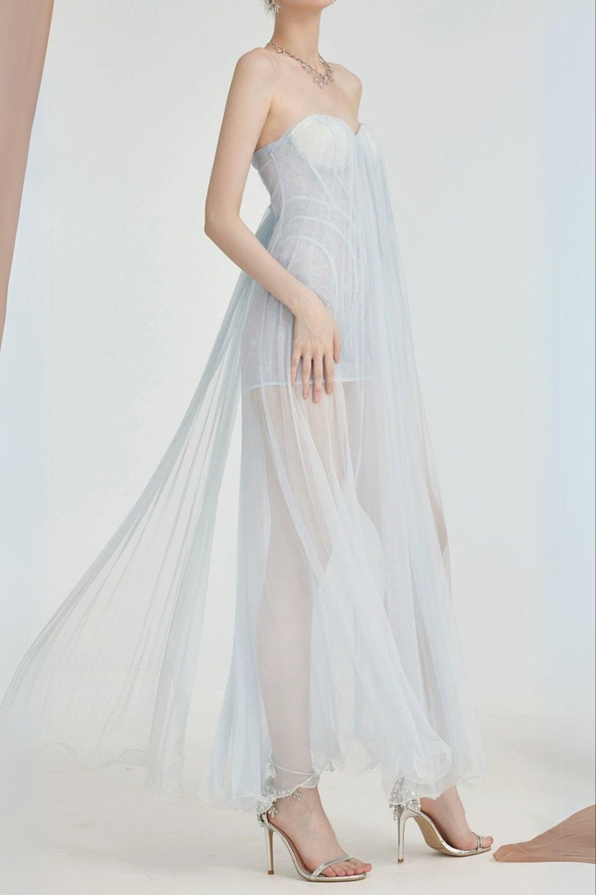 Thea Strapless Mesh Backless maxi Dress in light blue