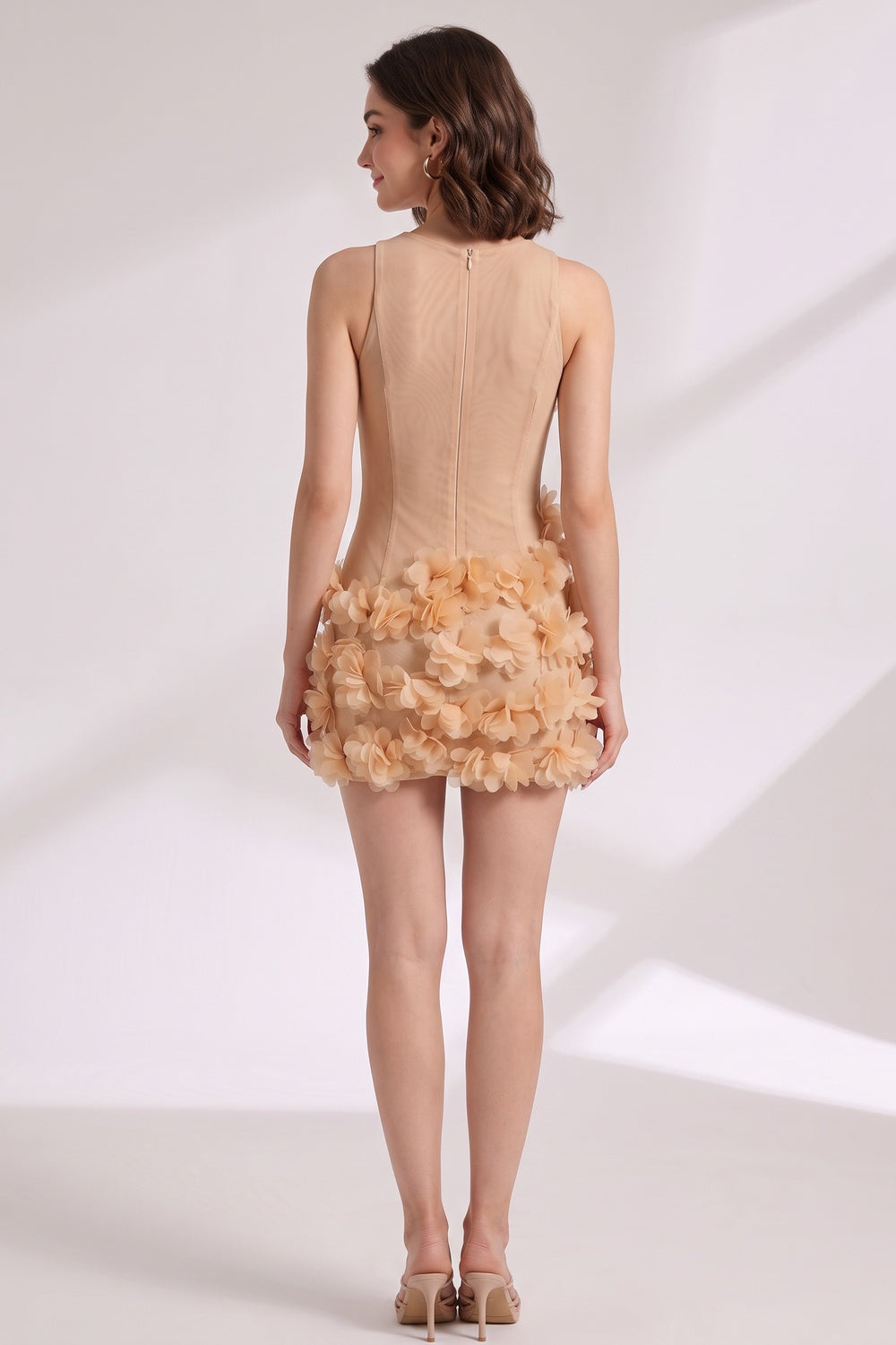 Beige Sheer Mesh Bodycon Mini Dress with 3D Floral Petals beige, peach sheer mesh mini dress - product view 5