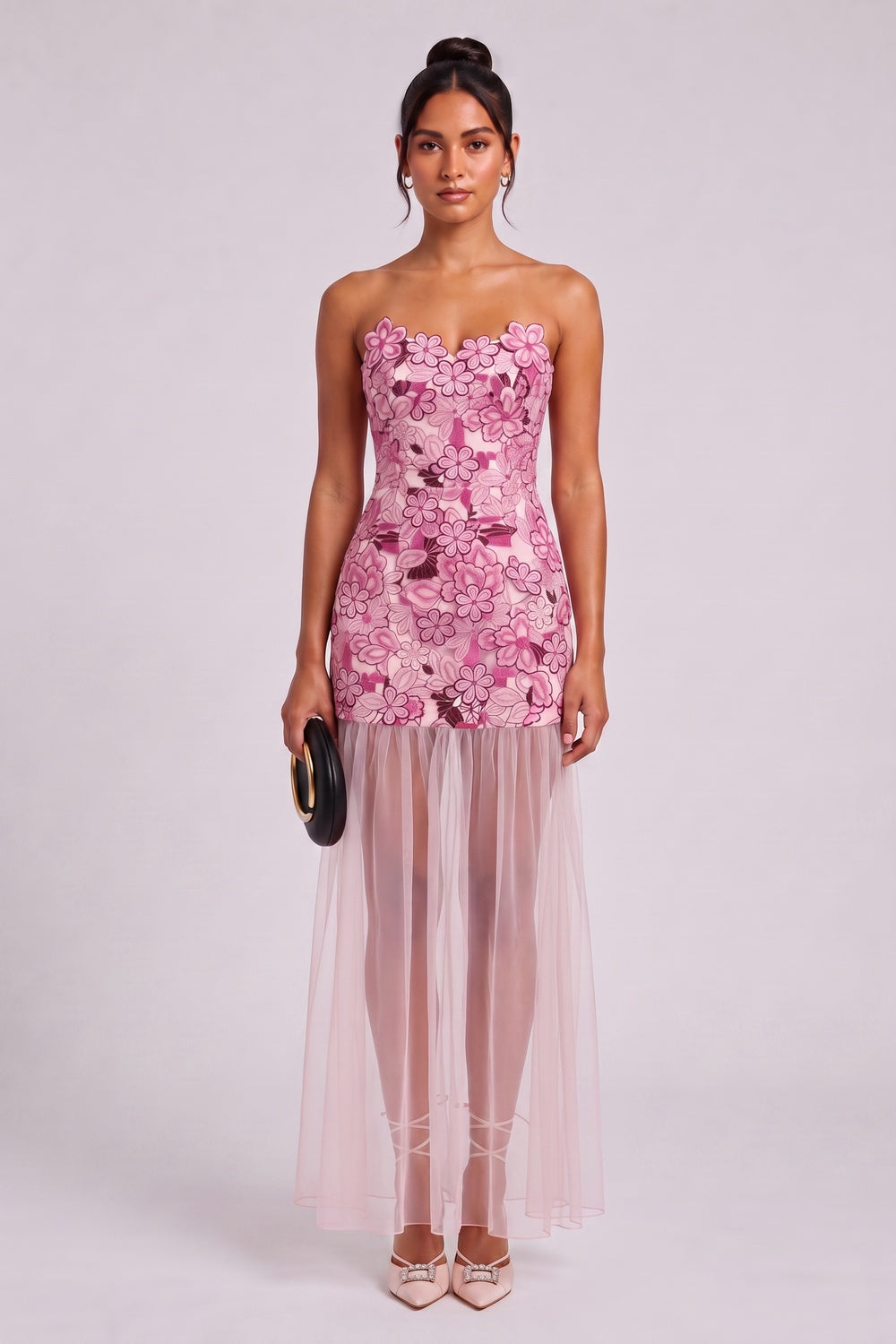 dusty pink embroidered floral lace fitted column mini with sheer maxi overlay dress dusty pink embroidered floral lace dress - product view 3