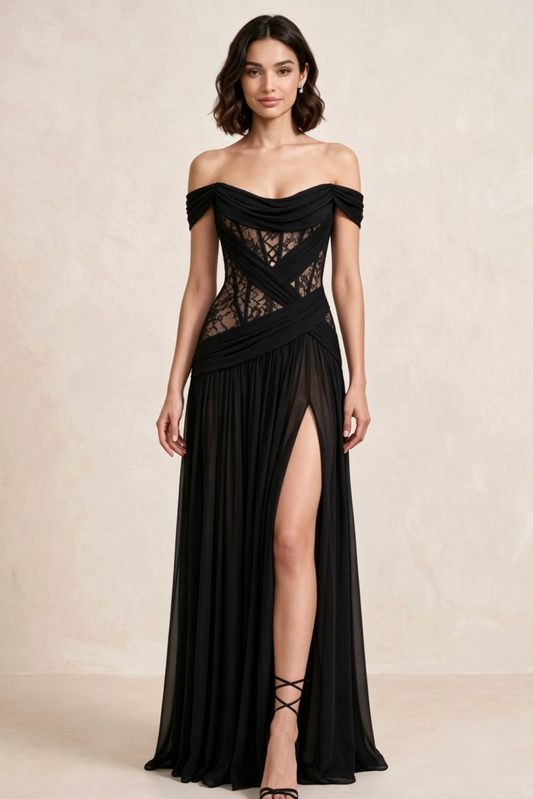 Black Chiffon Fitted Bodice A-Line Gown with High Slit
