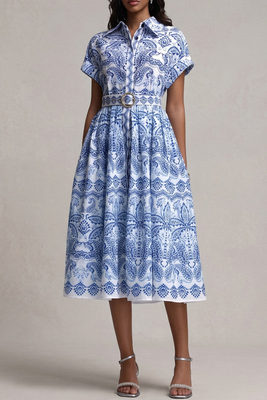 Cuffed Short Sleeve Shirt Midi Dress with Printed Belt