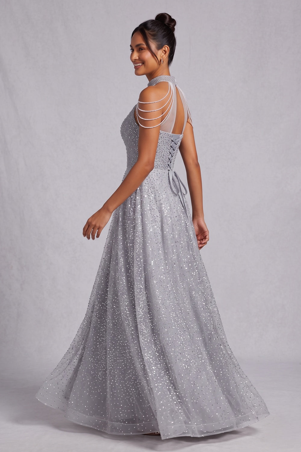 Silver Tulle A-Line Evening Gown silver, light grey tulle evening gown - product view 3