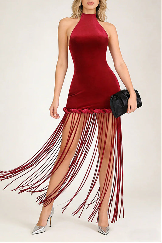 michaelia halterneck Fringe Velvet Dress in Burgundy