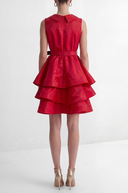 jessica Red V-neck Tiered Ruffle Mini Dress