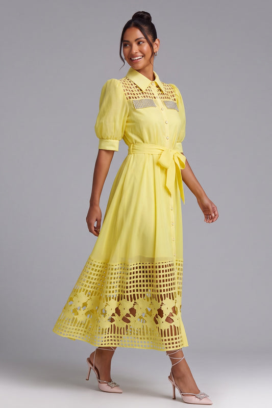 Yellow Midi Dress with Cutout Detail and Crystal Embellishment Premium Fabric - product view 1