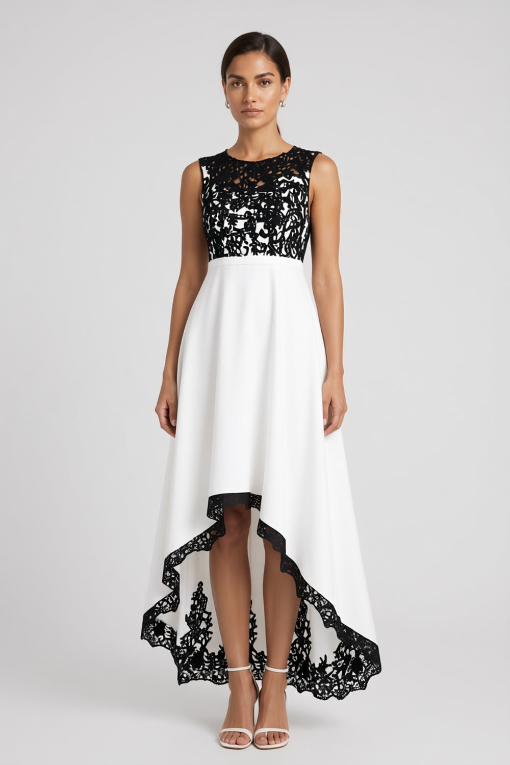 White Black Floral Lace A-line High-low Evening Dress Sleeveless Round Neck White White structured fabric (composition unknown) Evening Dress - product view 3