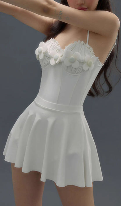 Deance White Flower One-Piece Swimsuit & Skirt