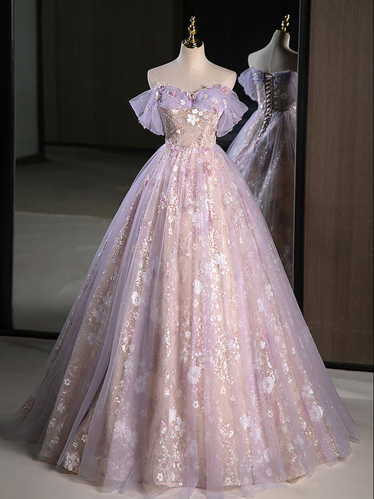 A-Line Off Shoulder Purple Prom Dress