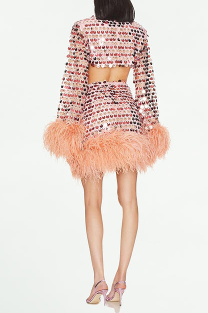 SEQUINNED FEATHER-TRIM MINI DRESS