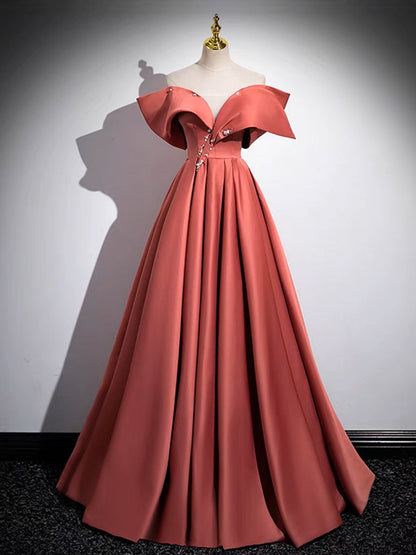 A-Line Watermelon Red Off Shoulder Satin Dress