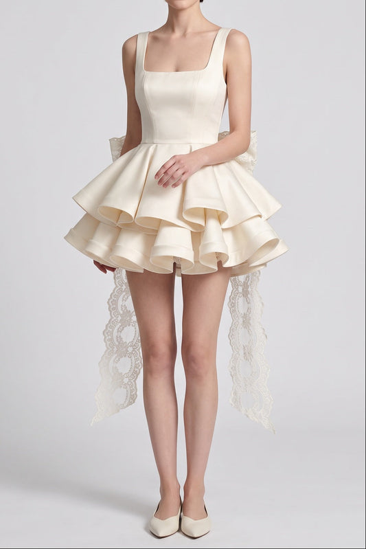 Cream Structured Satin Fit-and-Flare Mini Dress with Tiered Ruffles and Back Bow cream, ivory structured satin or gazar mini dress - product view 1