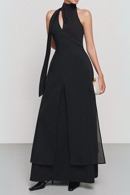 Yen Layered High Neck Floss Silk maxi Dress in black
