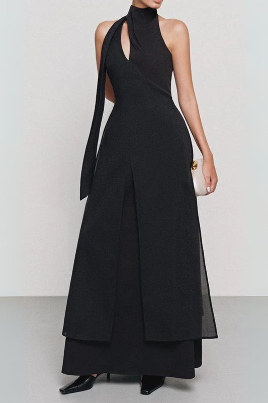 Yen Layered High Neck Floss Silk maxi Dress in black