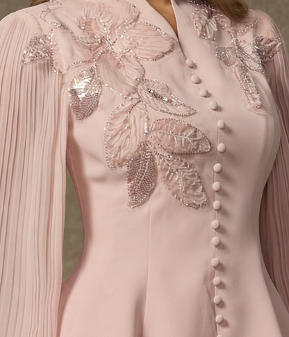 Cream Beaded Floral Embellished Peplum Top & Midi Pencil Skirt Two-Piece Suit