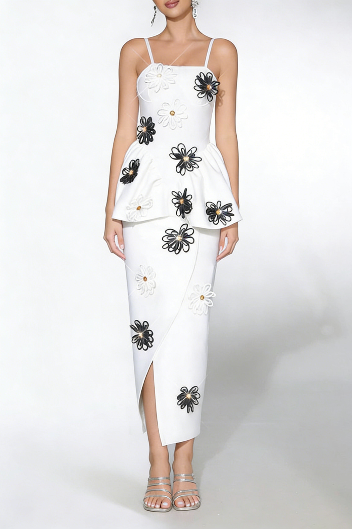 white bodycon midi dress Bandage elastic sling with handmade flower