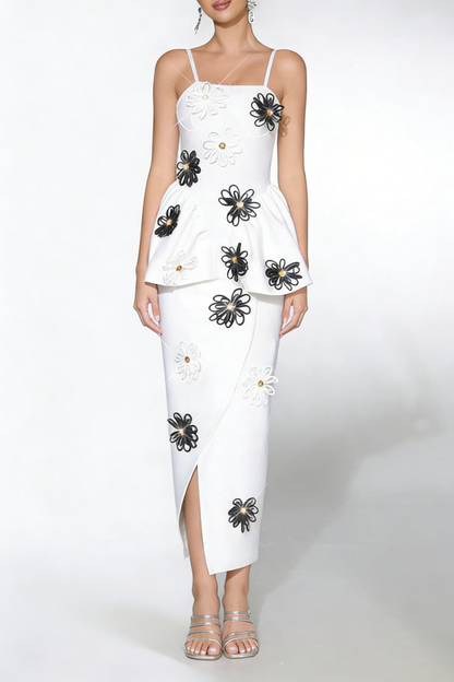 white bodycon midi dress Bandage elastic sling with handmade flower