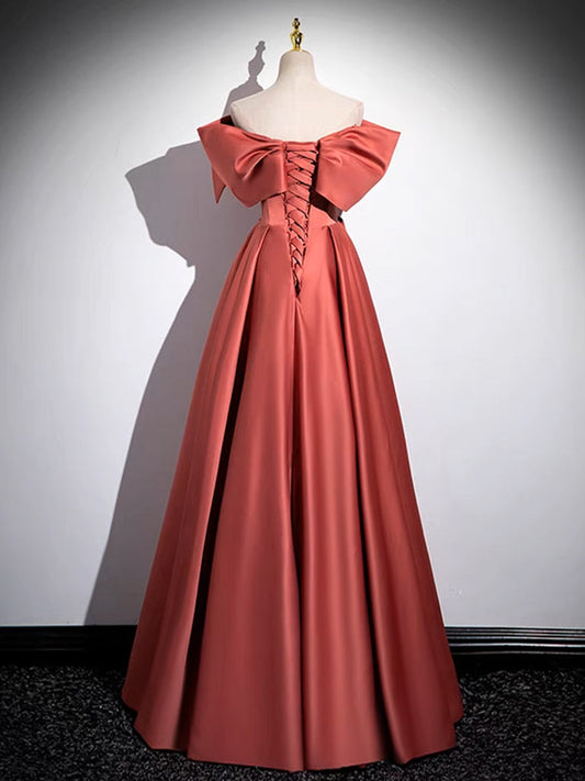 A-Line Watermelon Red Off Shoulder Satin Dress