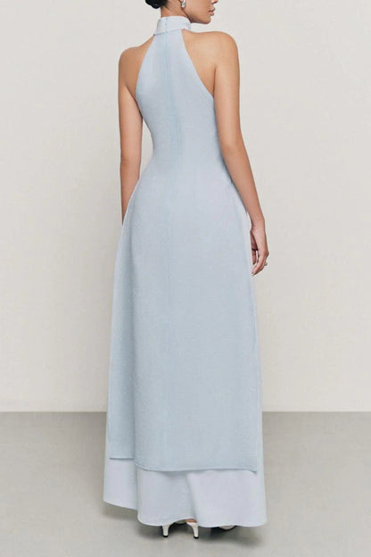 Yen Layered High Neck Floss Silk maxi Dress in blue