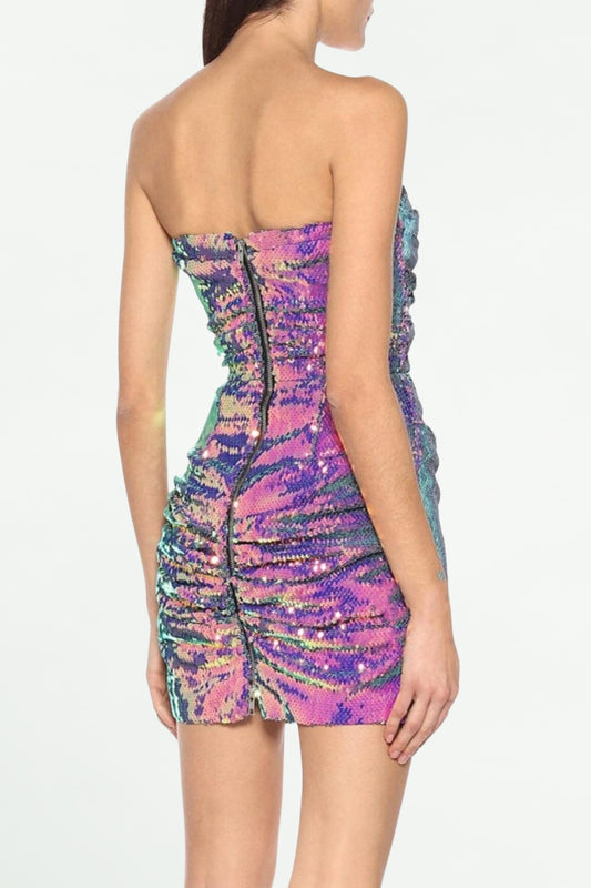 SEQUIN OFF SHOULDER MINI DRESS IN PURPLE