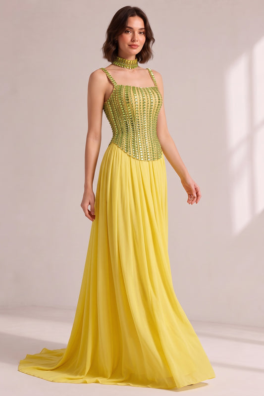 Lime Green Rhinestone Spaghetti Strap Choker Neck Pleated Chiffon Train Evening Gown