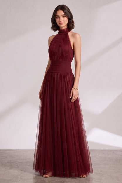Burgundy Halter Neck Pleated Maxi Dress Premium Fabric - product view 3