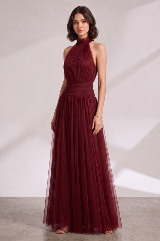 Burgundy Halter Neck Pleated Maxi Dress Premium Fabric - product view 3