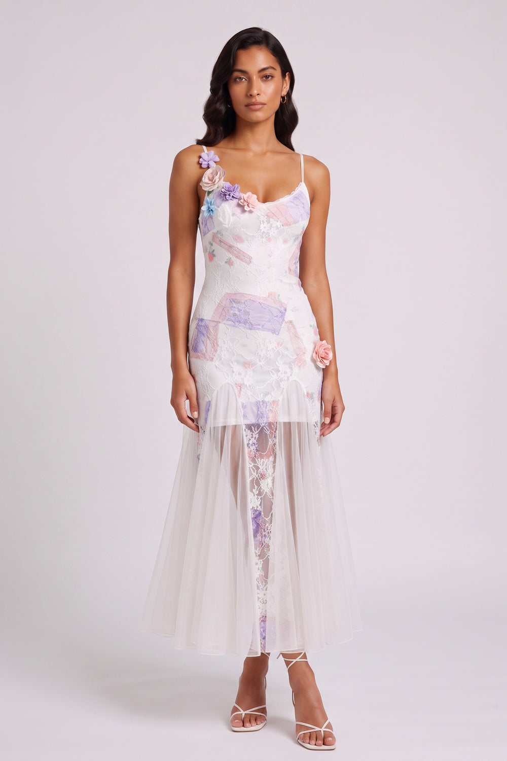 Pastel Floral Lace 3D Flower Spaghetti Strap Tulle Mermaid Midi Dress
