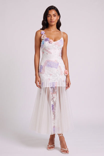 Pastel Floral Lace 3D Flower Spaghetti Strap Tulle Mermaid Midi Dress