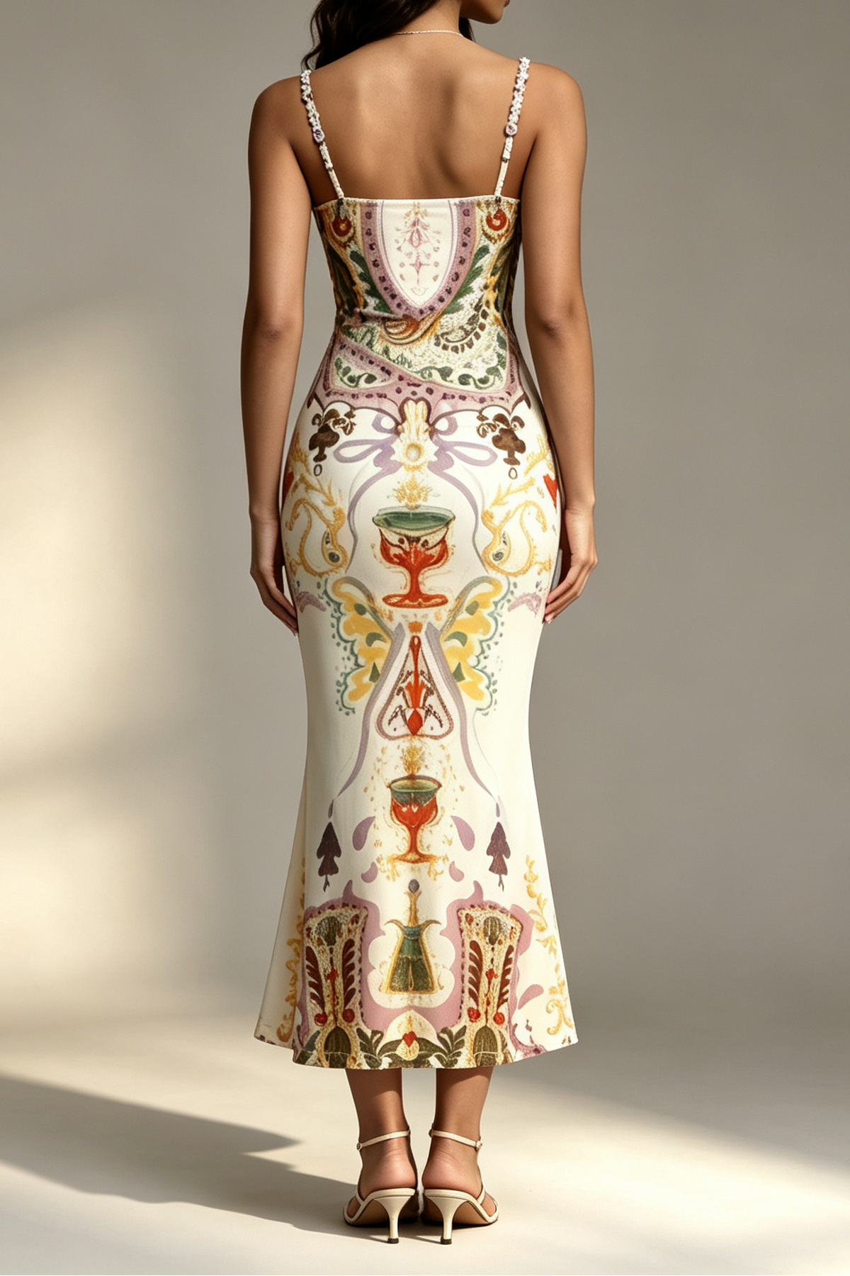 Vintage Cup Tarot Print Beaded Spaghetti Strap Sweetheart Satin Mermaid Midi Dress