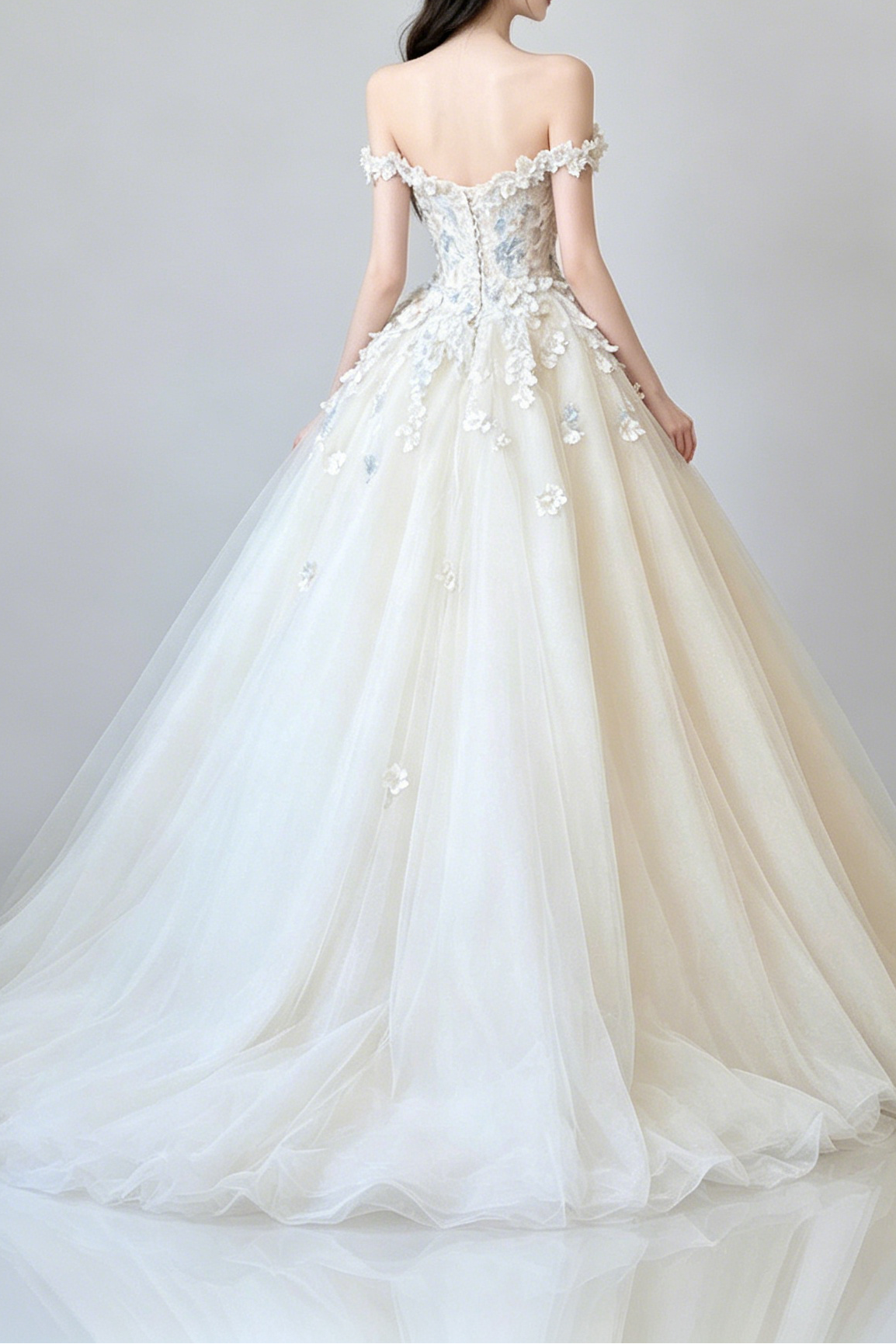 Off Shoulder 3D Floral Tulle Ball Gown Wedding Dress