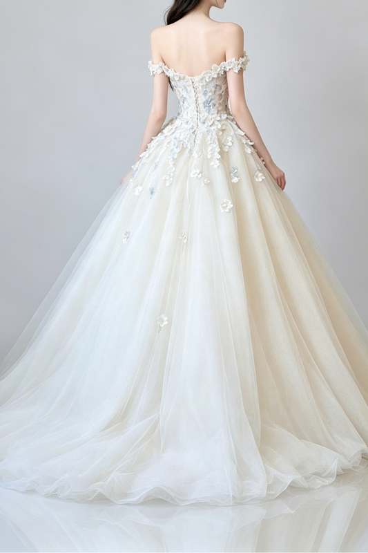 Off Shoulder 3D Floral Tulle Ball Gown Wedding Dress