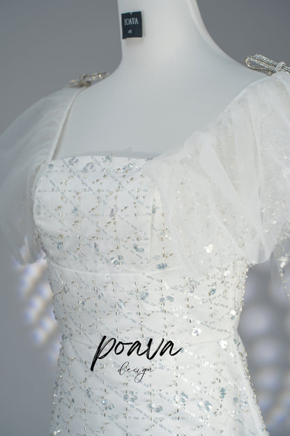 Sequin bow mini dress in white
