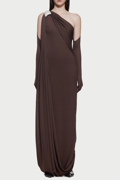 xaviera one-shoulder pleated backless maxi dress in brown