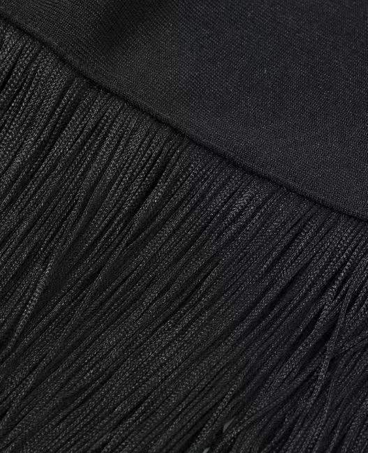 Black Heavy Bandage Knit Maxi Dress with Fringe Hem and Gold Embellishments