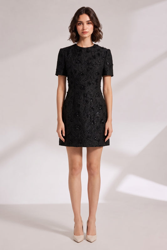 black textured jacquard or brocade A-line mini dress black textured jacquard or brocade mini dress - product view 1