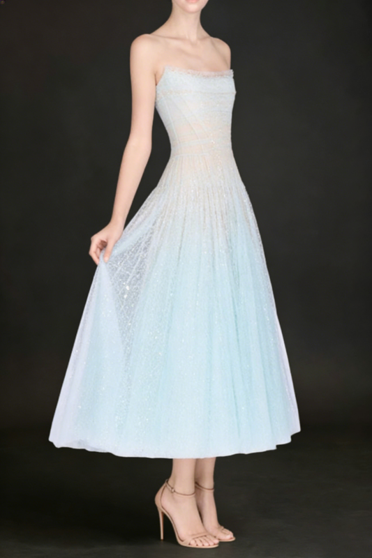 BLUE DRAPED LACE MIDI DRESS