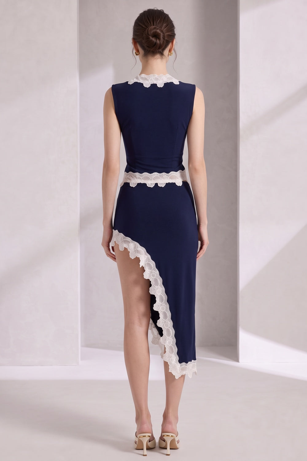 Dark Navy Blue Stretch Jersey Fitted Two-Piece Set with White Scalloped Lace Trim dark navy blue stretch jersey two-piece set - product view 5