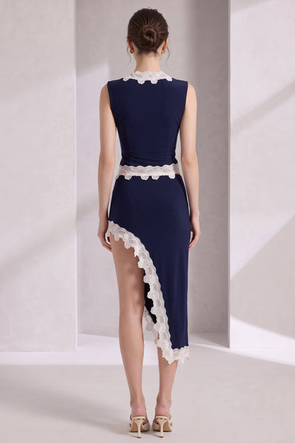Dark Navy Blue Stretch Jersey Fitted Two-Piece Set with White Scalloped Lace Trim dark navy blue stretch jersey two-piece set - product view 5
