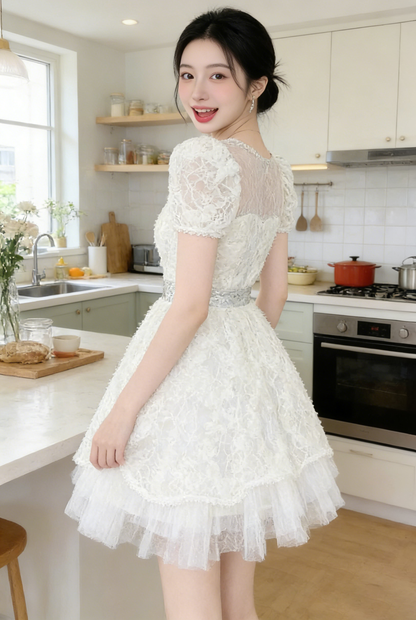 White Lace Sequin Puff Sleeve Mini Dress with Tulle Hem