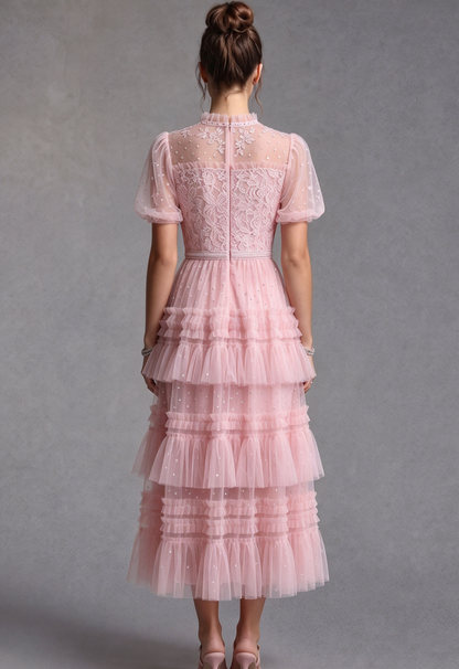 Light Pink Tulle A-Line Tiered Midi Dress