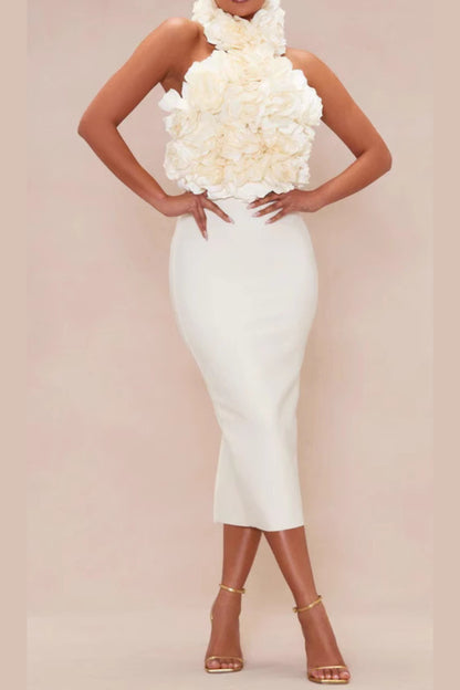 flower bandage midi dress in white