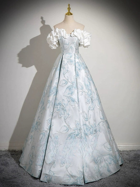 A-Line Off Shoulder Satin Blue Dress